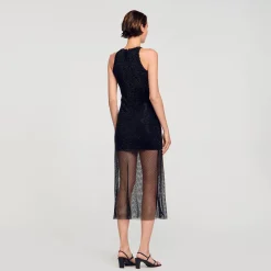 Robes*SANDRO Robe Longue Résille Brillante Noir