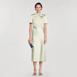 Robes*SANDRO Robe Longue Satinée Vert Amande