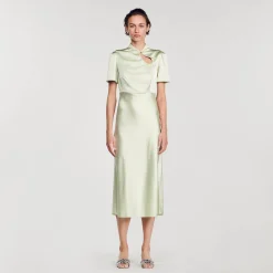 Robes*SANDRO Robe Longue Satinée Vert Amande