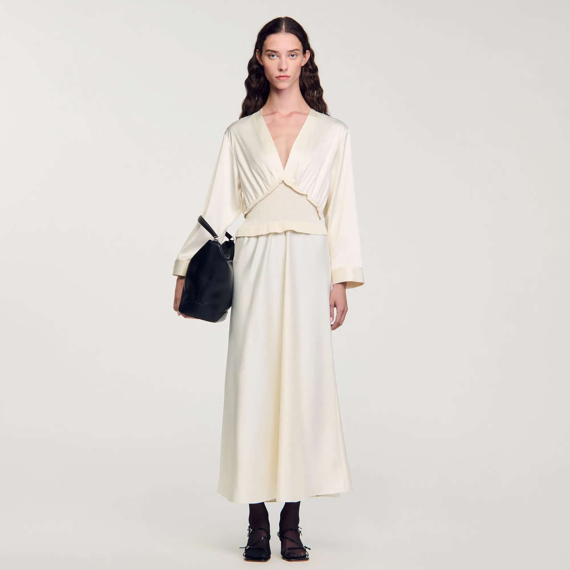 Robes*SANDRO Robe Longue Satinée Ecru