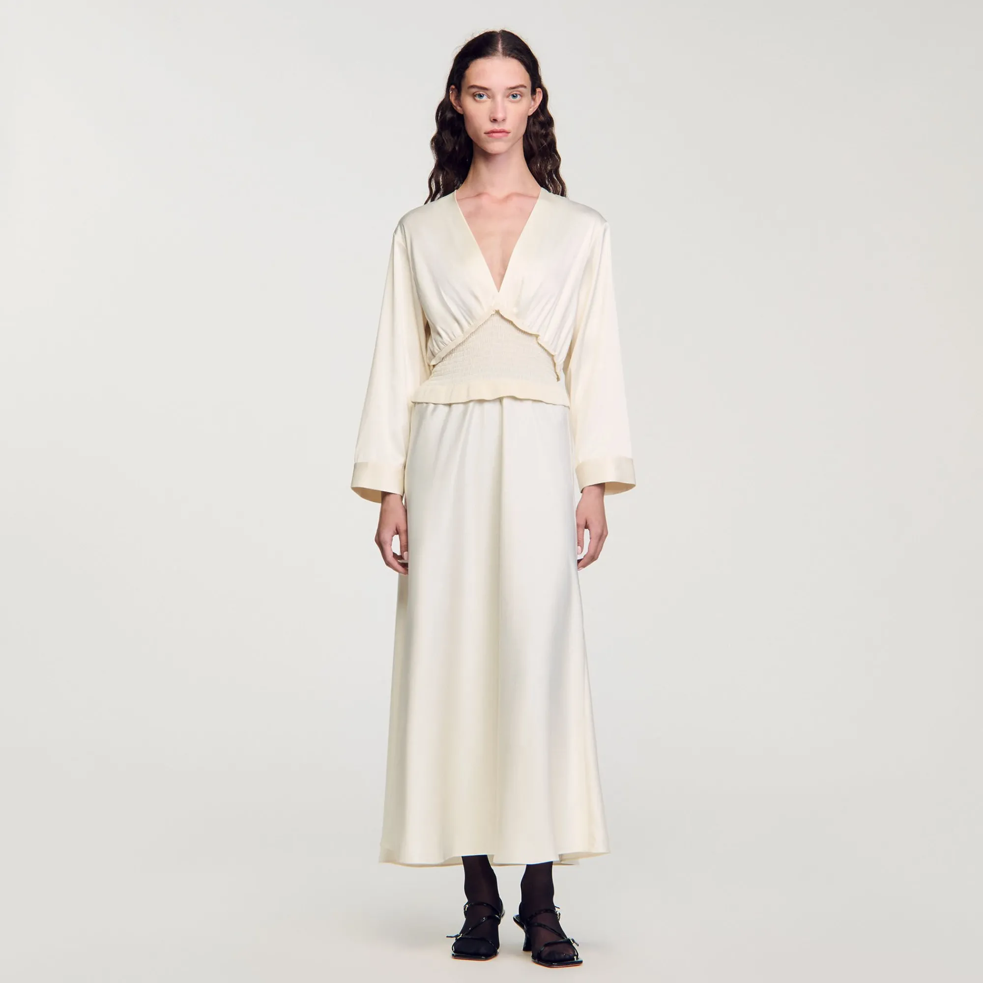 Robes*SANDRO Robe Longue Satinée Ecru