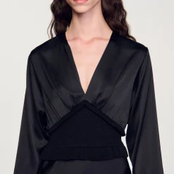Robes*SANDRO Robe Longue Satinée Noir