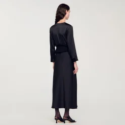 Robes*SANDRO Robe Longue Satinée Noir