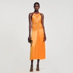 Robes*SANDRO Robe Longue Satinée Froncée Orange