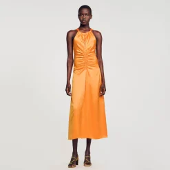 Robes*SANDRO Robe Longue Satinée Froncée Orange