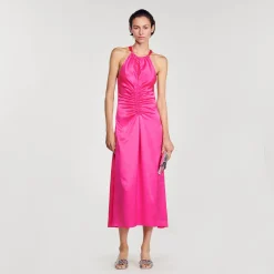 Robes*SANDRO Robe Longue Satinée Froncée Fushia