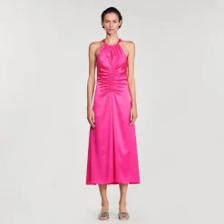 Robes*SANDRO Robe Longue Satinée Froncée Fushia