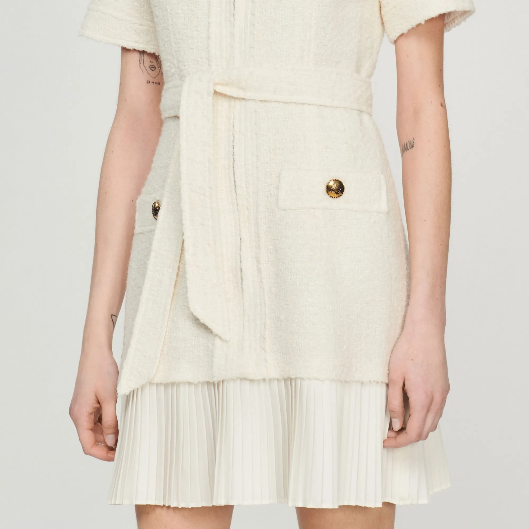 Robes*SANDRO Robe Manteau En Lainage Effet Tweed Ecru