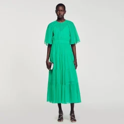 Robes*SANDRO Robe Midi à Col Strassé Vert