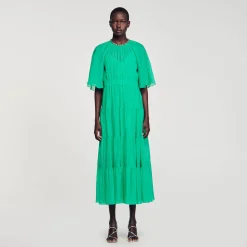 Robes*SANDRO Robe Midi à Col Strassé Vert
