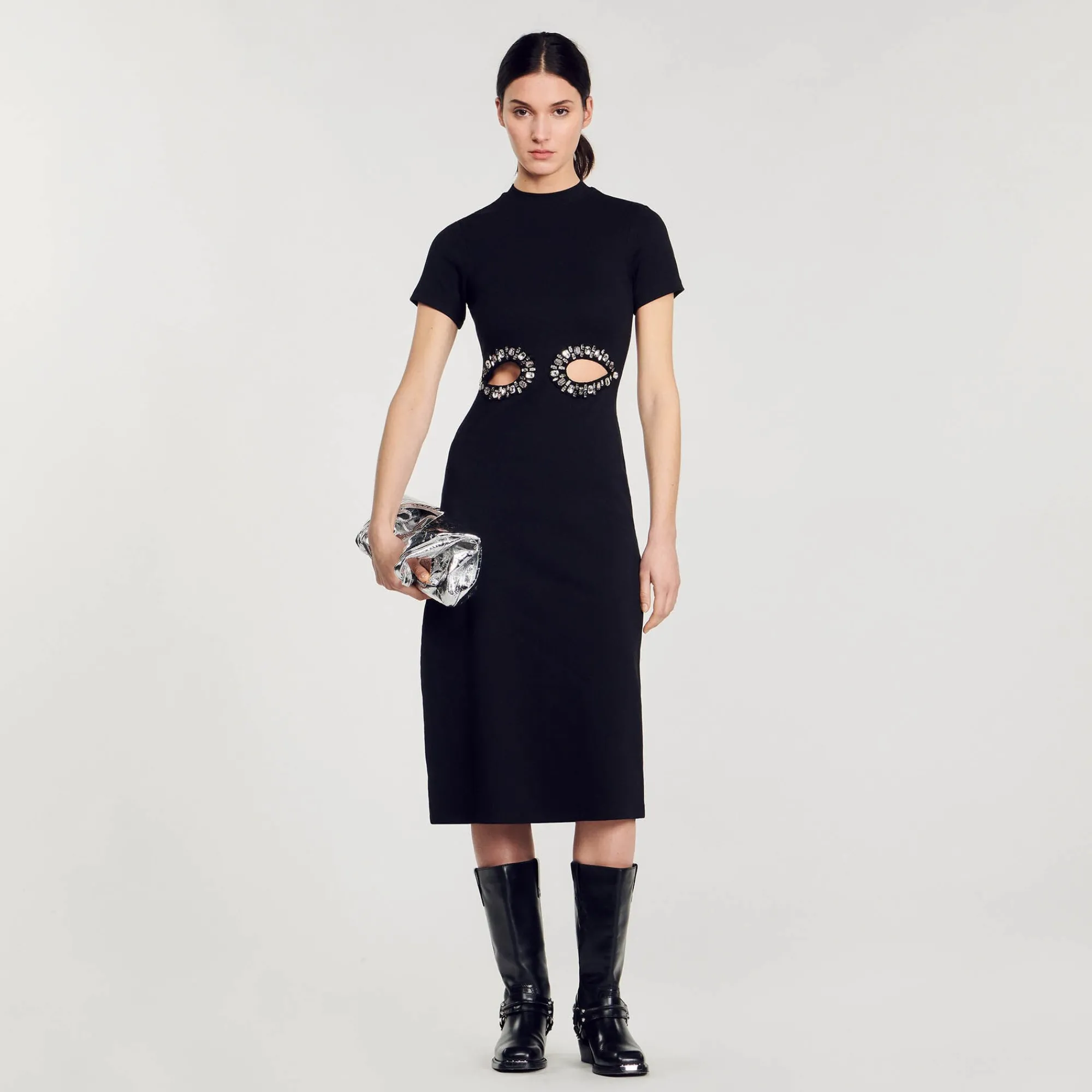 Robes*SANDRO Robe Midi à Découpes Strassées Noir