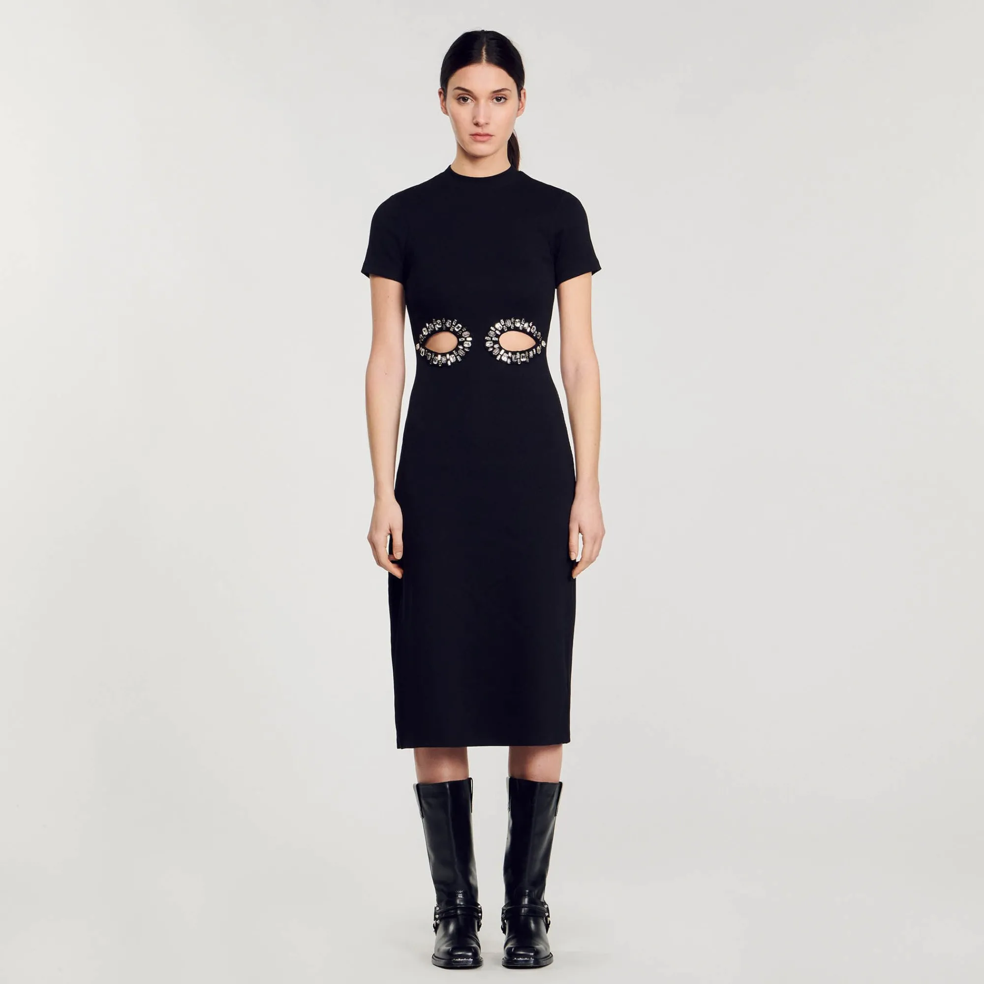 Robes*SANDRO Robe Midi à Découpes Strassées Noir