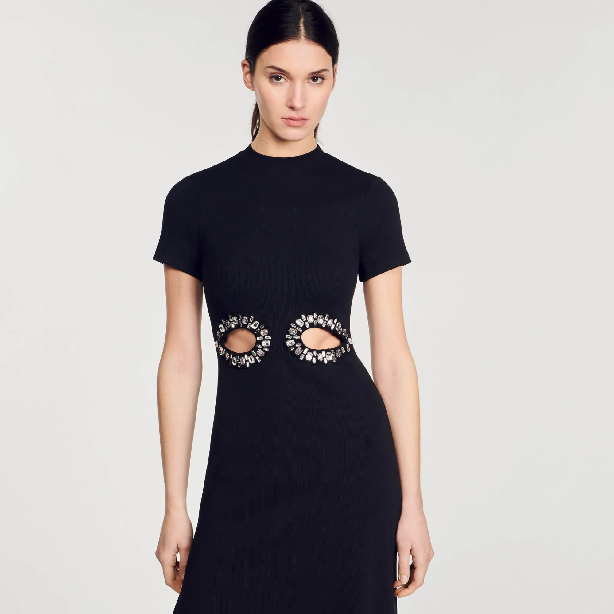 Robes*SANDRO Robe Midi à Découpes Strassées Noir