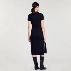 Robes*SANDRO Robe Midi à Découpes Strassées Noir