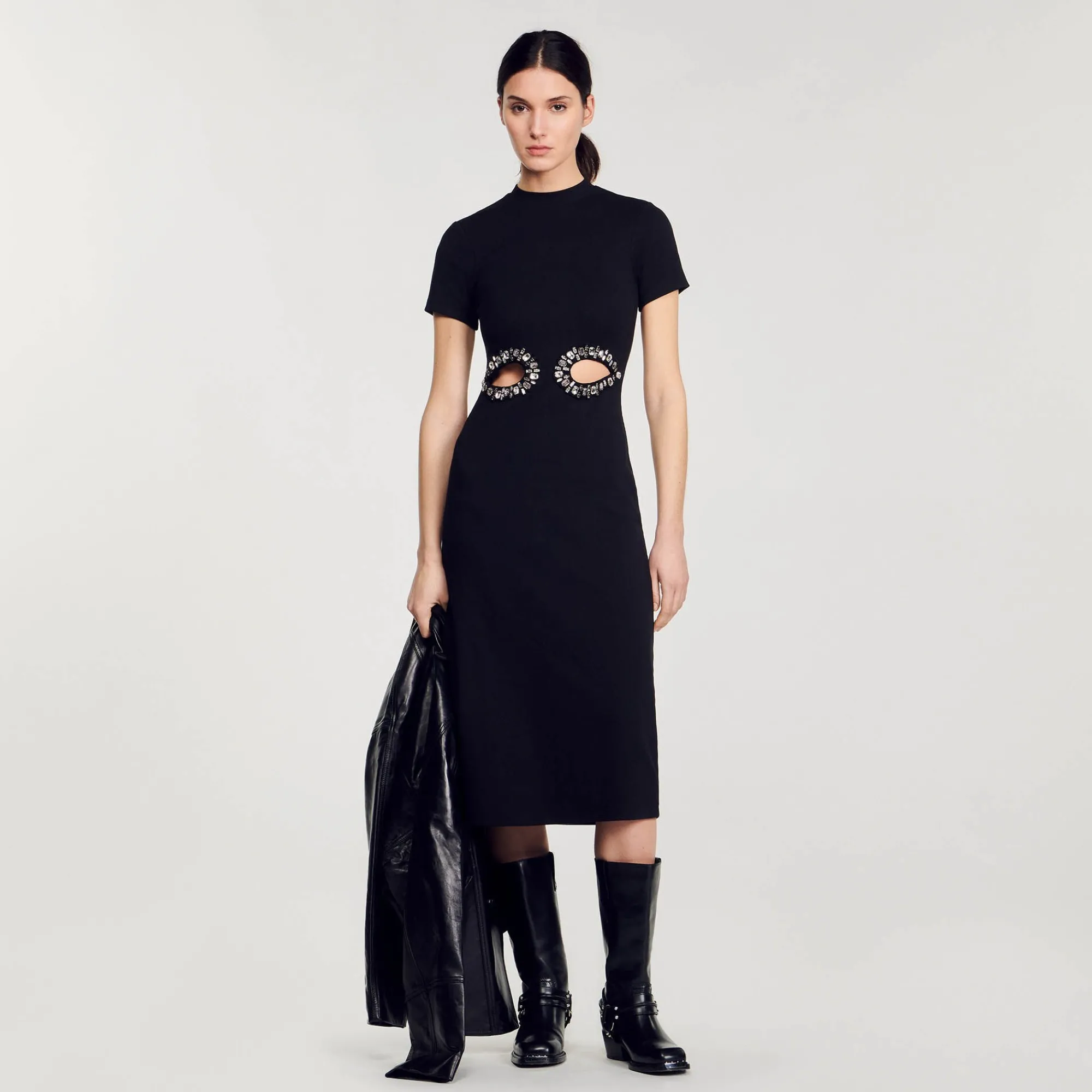 Robes*SANDRO Robe Midi à Découpes Strassées Noir