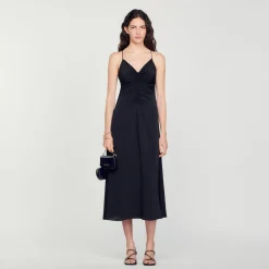 Robes*SANDRO Robe Midi à Fines Bretelles Noir