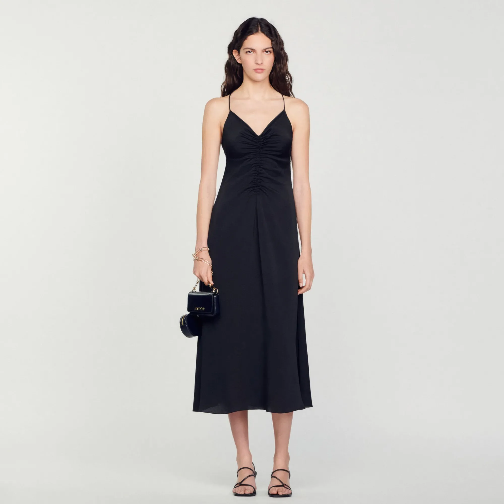 Robes*SANDRO Robe Midi à Fines Bretelles Noir
