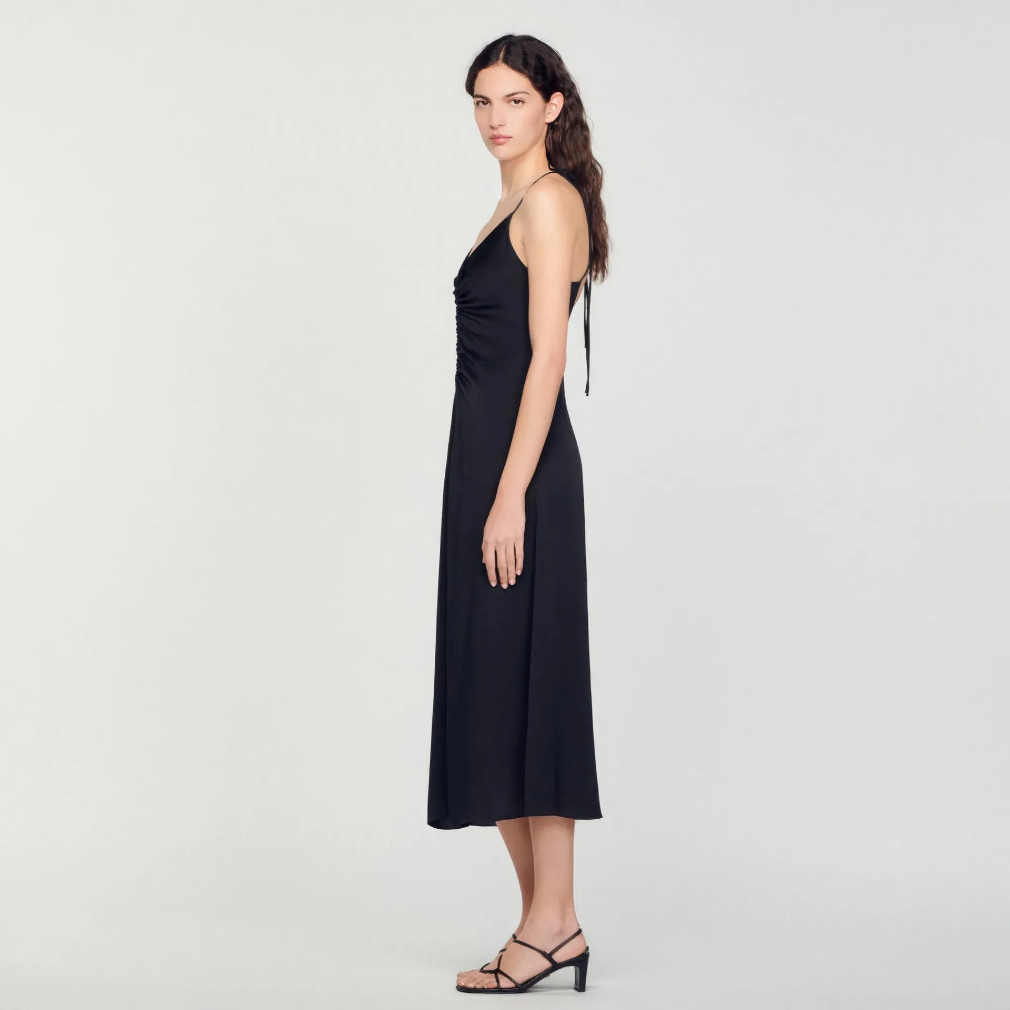 Robes*SANDRO Robe Midi à Fines Bretelles Noir