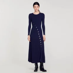 Robes*SANDRO Robe Midi En Maille Bleu marine