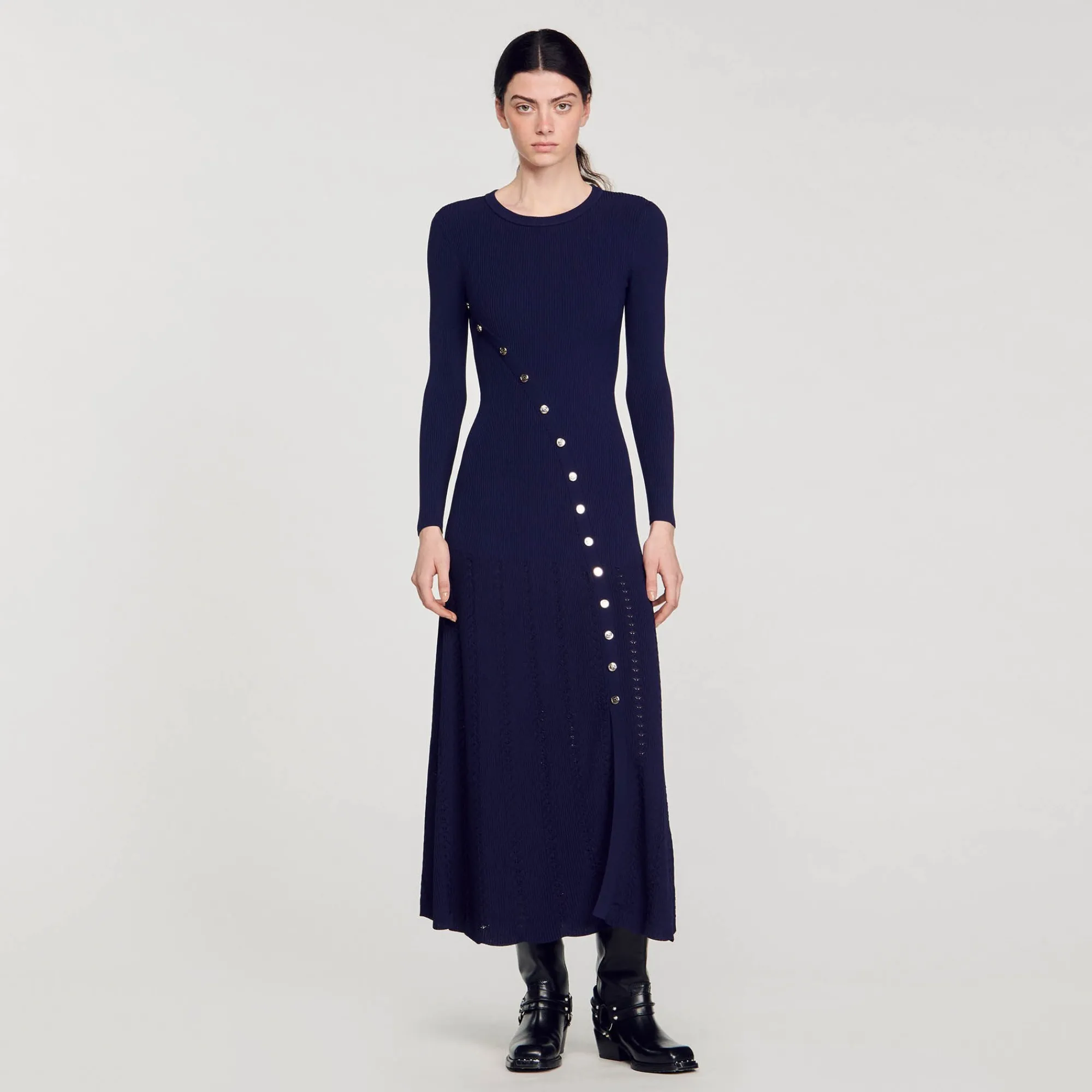 Robes*SANDRO Robe Midi En Maille Bleu marine