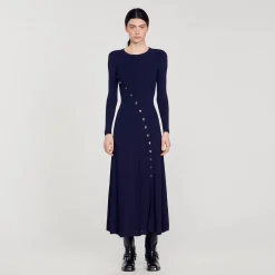 Robes*SANDRO Robe Midi En Maille Bleu marine