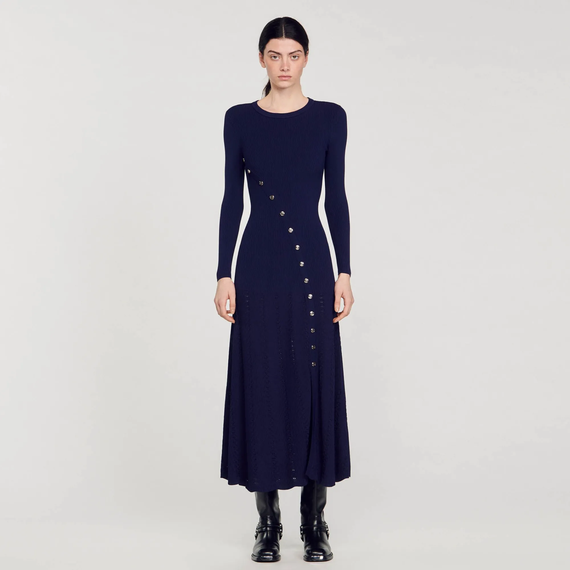 Robes*SANDRO Robe Midi En Maille Bleu marine