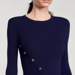 Robes*SANDRO Robe Midi En Maille Bleu marine
