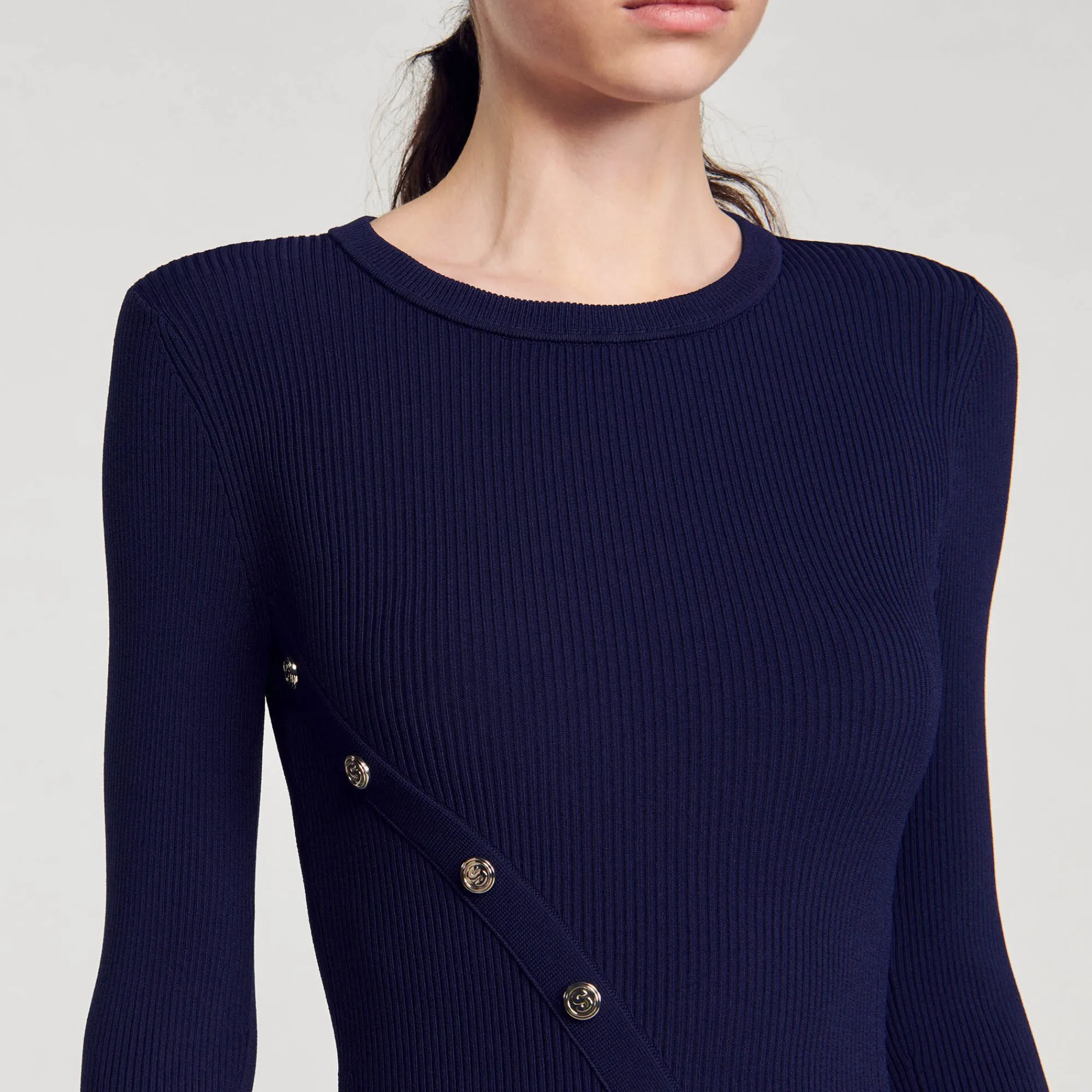 Robes*SANDRO Robe Midi En Maille Bleu marine