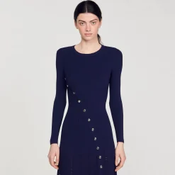 Robes*SANDRO Robe Midi En Maille Bleu marine