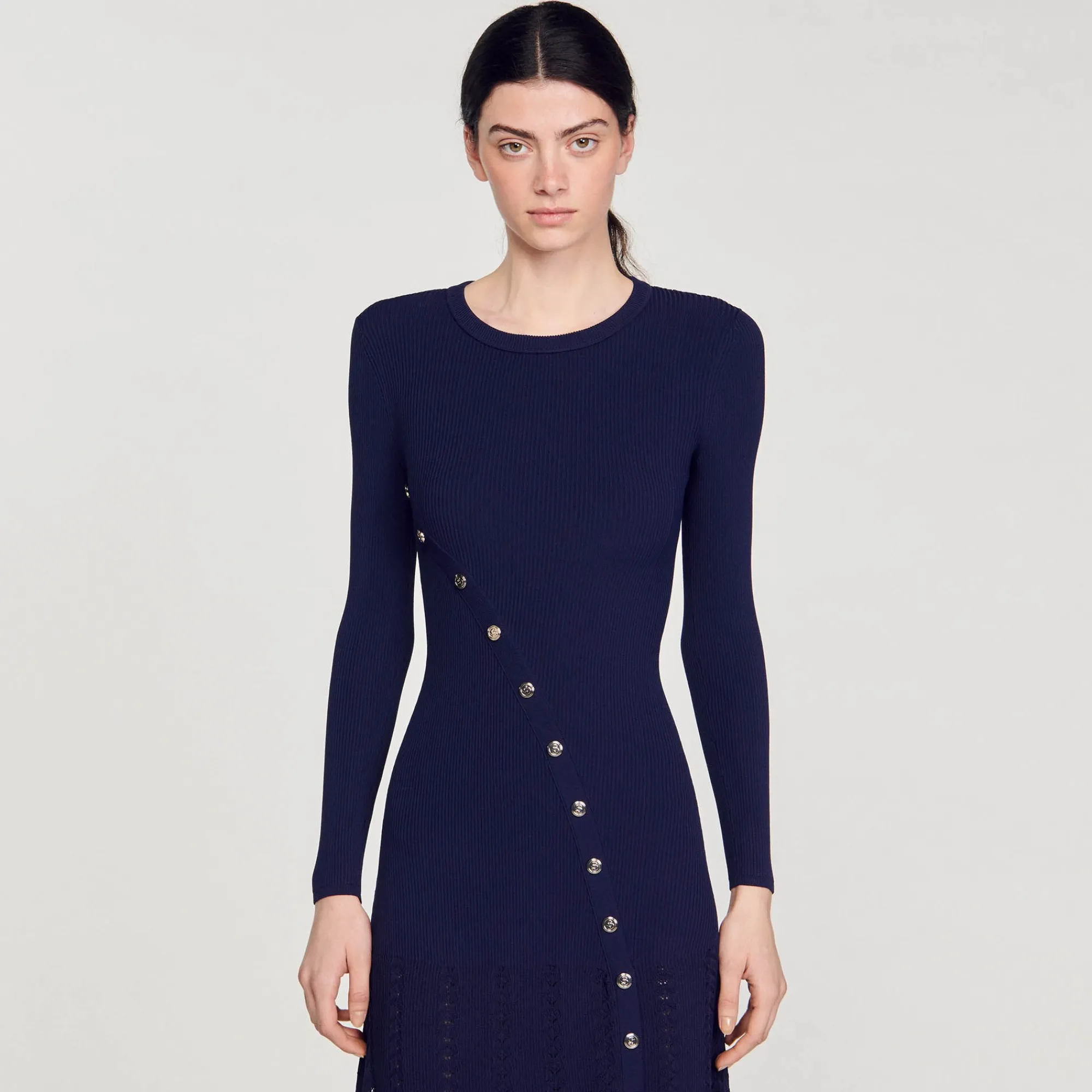 Robes*SANDRO Robe Midi En Maille Bleu marine