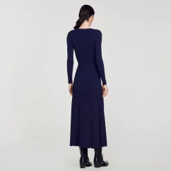 Robes*SANDRO Robe Midi En Maille Bleu marine