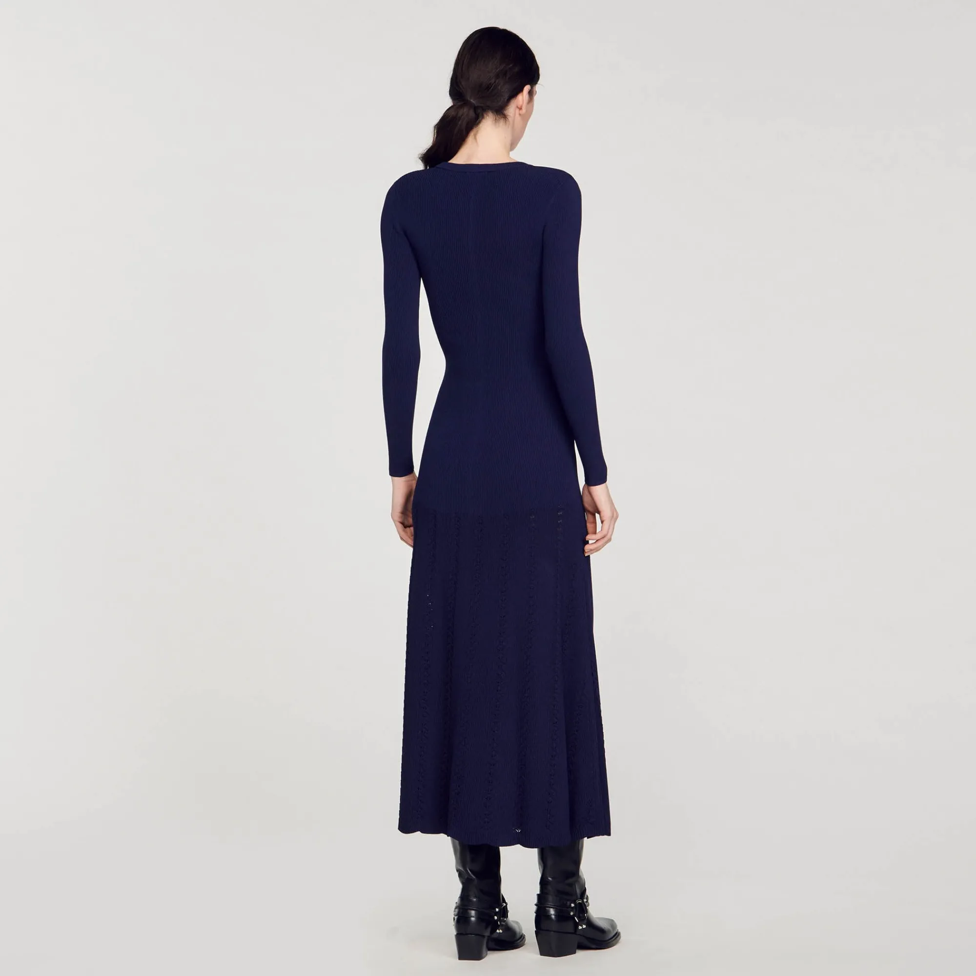 Robes*SANDRO Robe Midi En Maille Bleu marine