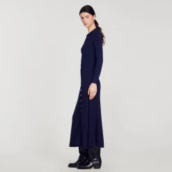 Robes*SANDRO Robe Midi En Maille Bleu marine