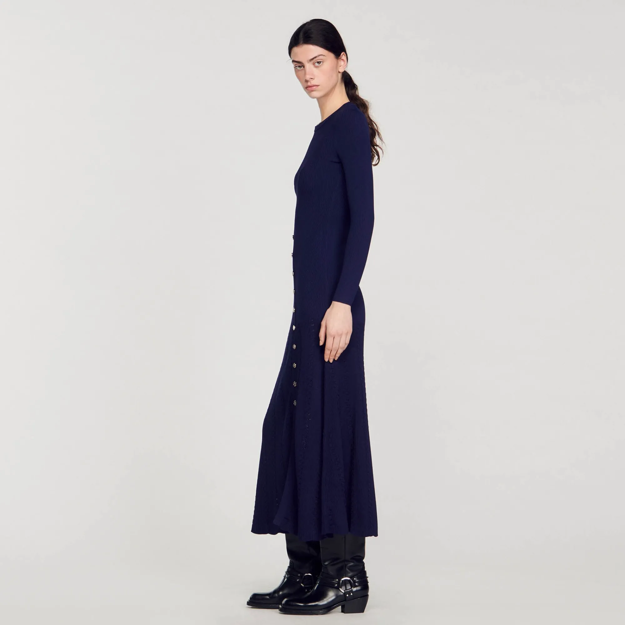 Robes*SANDRO Robe Midi En Maille Bleu marine
