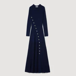 Robes*SANDRO Robe Midi En Maille Bleu marine