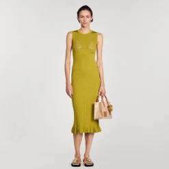 Robes*SANDRO Robe Midi En Maille Vert Olive
