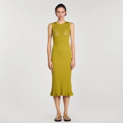 Robes*SANDRO Robe Midi En Maille Vert Olive