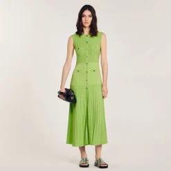 Robes*SANDRO Robe Midi En Maille Vert Olive