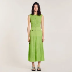 Robes*SANDRO Robe Midi En Maille Vert Olive