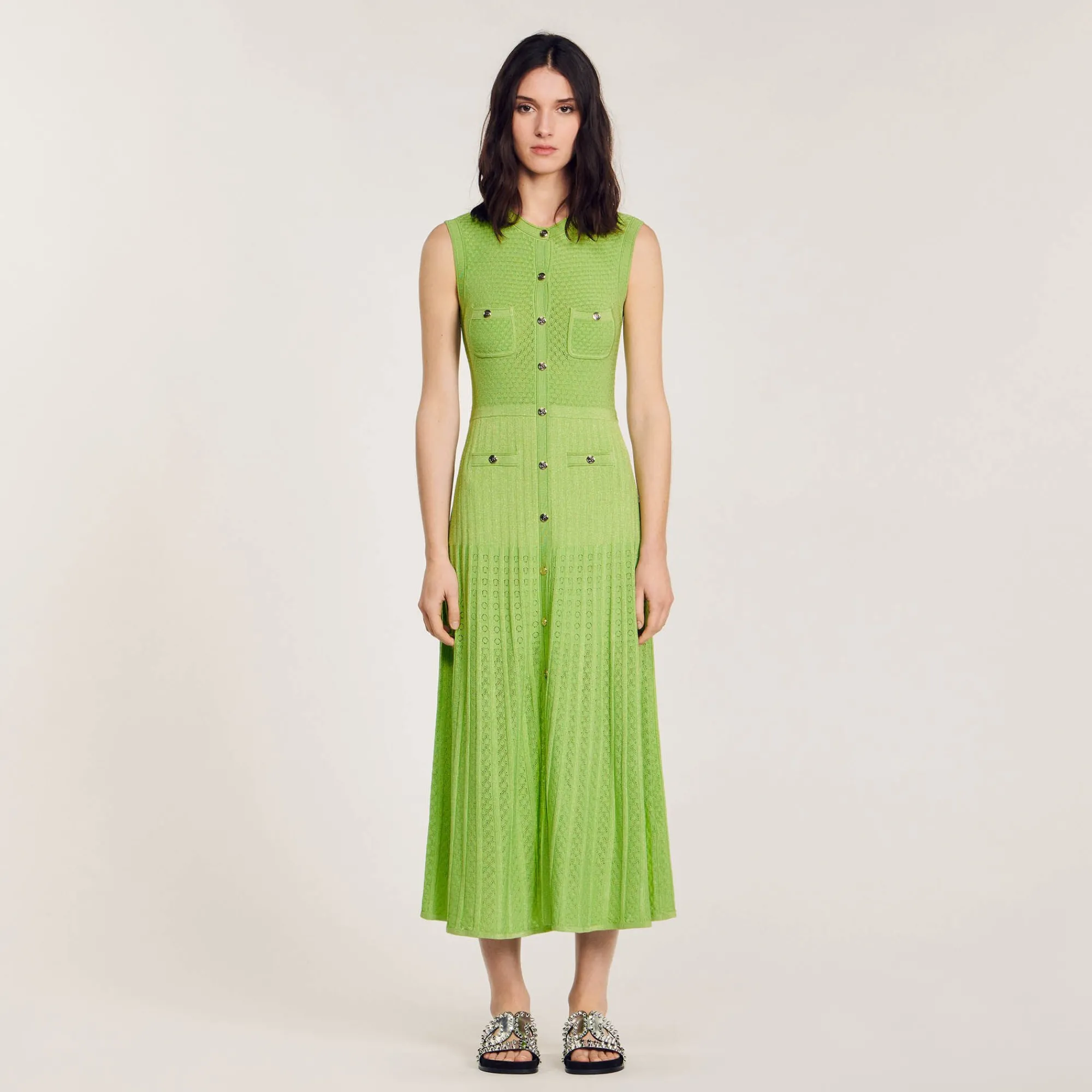 Robes*SANDRO Robe Midi En Maille Vert Olive