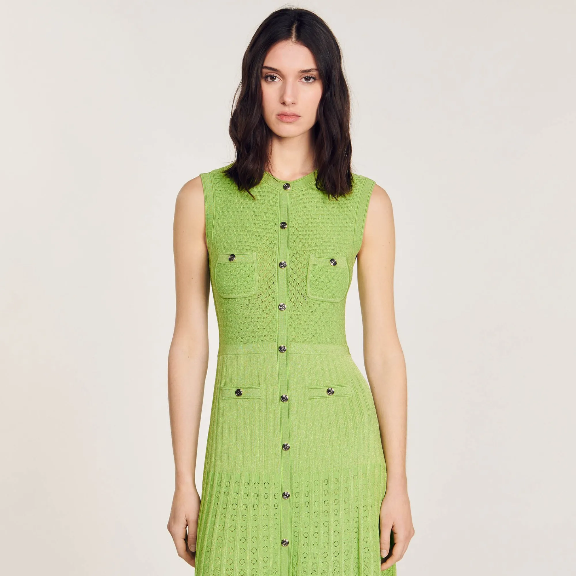 Robes*SANDRO Robe Midi En Maille Vert Olive