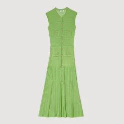 Robes*SANDRO Robe Midi En Maille Vert Olive