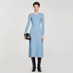 Robes*SANDRO Robe Midi En Maille à Manches Longues Bleu Ciel