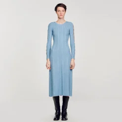 Robes*SANDRO Robe Midi En Maille à Manches Longues Bleu Ciel