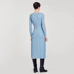 Robes*SANDRO Robe Midi En Maille à Manches Longues Bleu Ciel