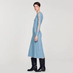 Robes*SANDRO Robe Midi En Maille à Manches Longues Bleu Ciel