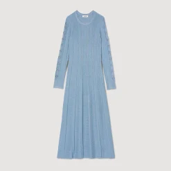 Robes*SANDRO Robe Midi En Maille à Manches Longues Bleu Ciel