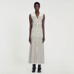 Robes*SANDRO Robe Midi En Maille à Rayures Blanc / Noir