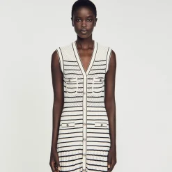 Robes*SANDRO Robe Midi En Maille à Rayures Blanc / Noir