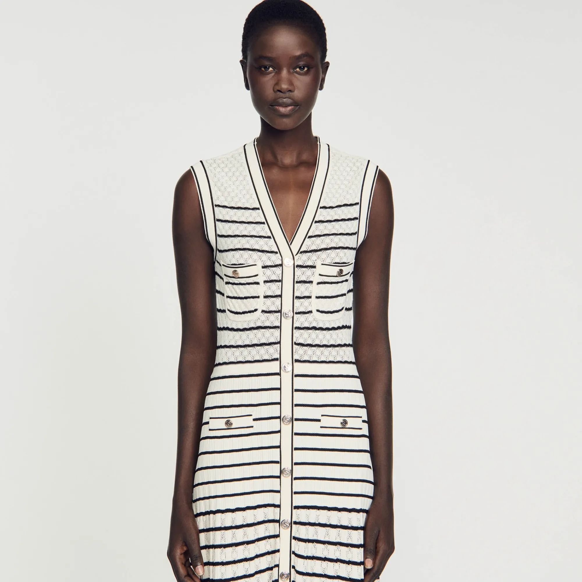 Robes*SANDRO Robe Midi En Maille à Rayures Blanc / Noir